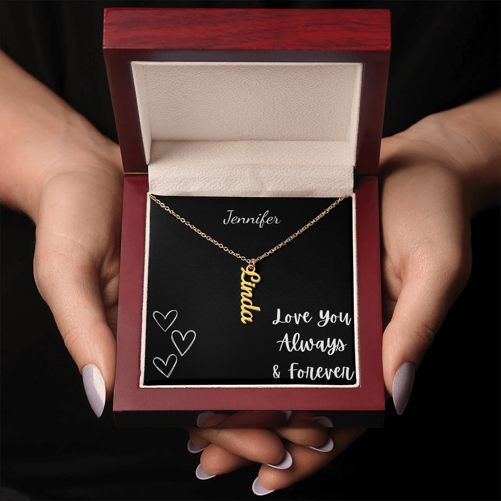 Personalized vertical name necklace in gold with custom name pendant in luxury gift box