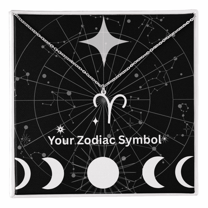 Zodiac symbol necklace with Aries pendant on silver chain in constellation gift box