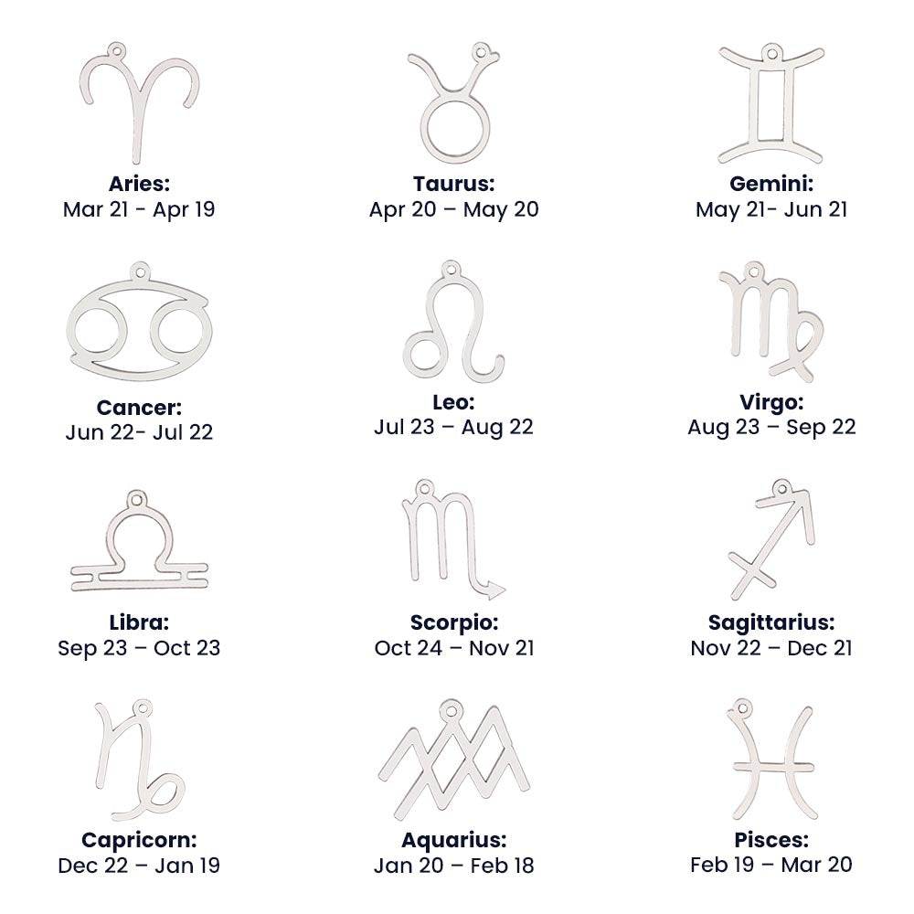 Set of stainless steel zodiac symbol necklace pendants representing all twelve astrological signs with dates