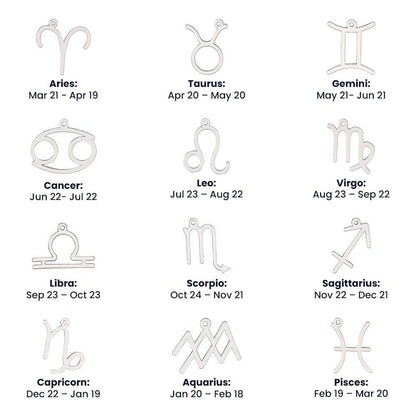 Set of stainless steel zodiac symbol necklace pendants representing all twelve astrological signs with dates