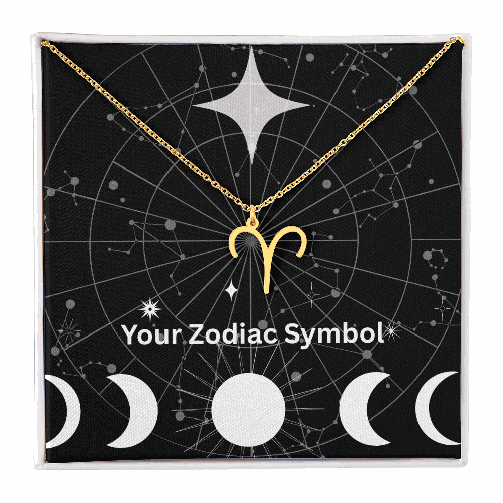 18k yellow gold Zodiac Symbol Necklace with Aries pendant on black constellation background in gift box