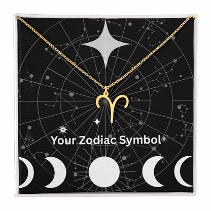 18k yellow gold Zodiac Symbol Necklace with Aries pendant on black constellation background in gift box
