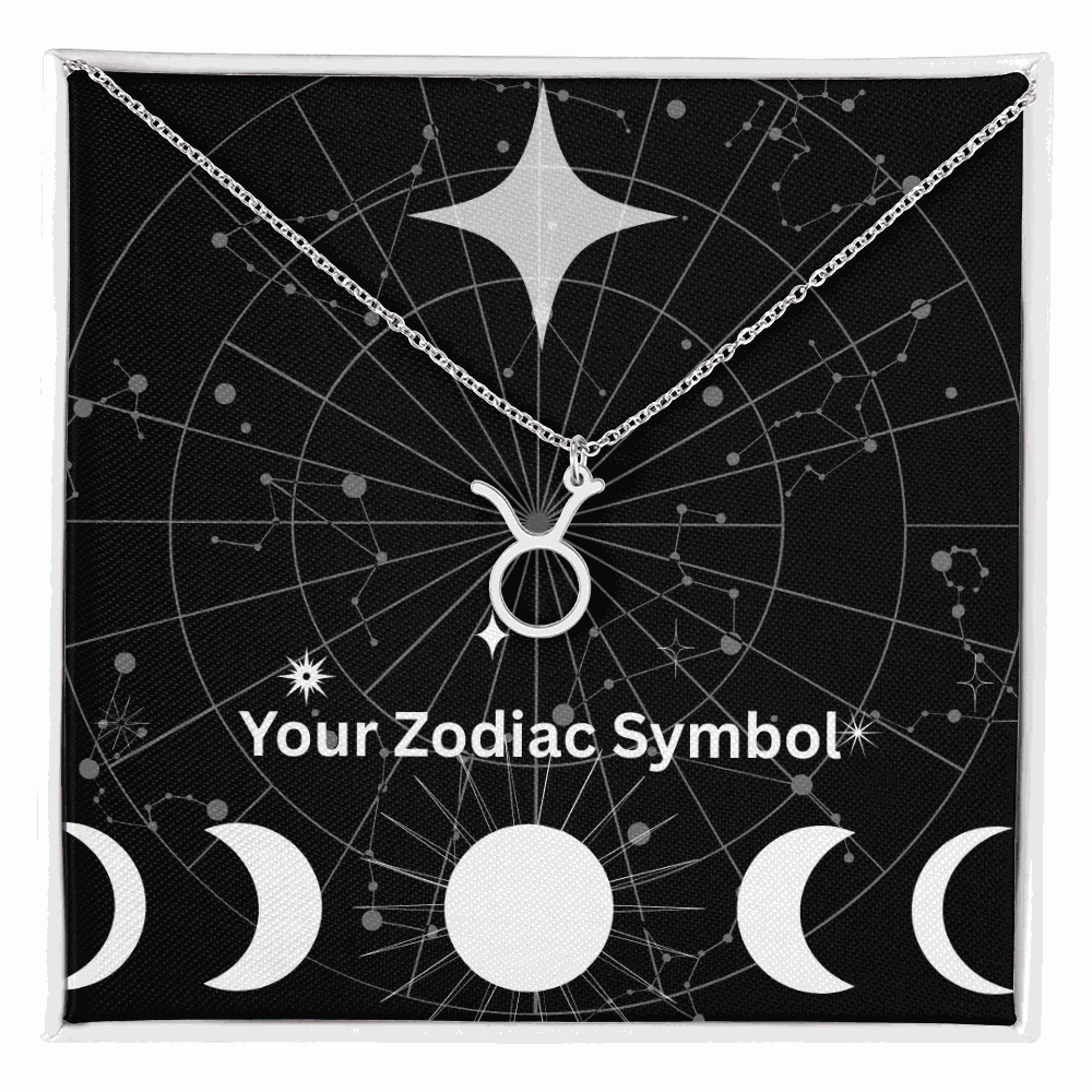 Zodiac Symbol Necklace with Taurus pendant on silver chain against constellation background