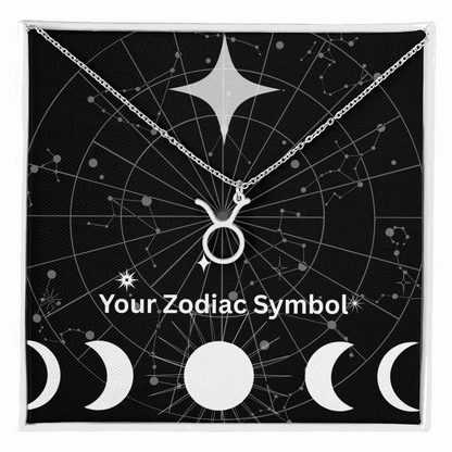 Zodiac Symbol Necklace with Taurus pendant on silver chain against constellation background