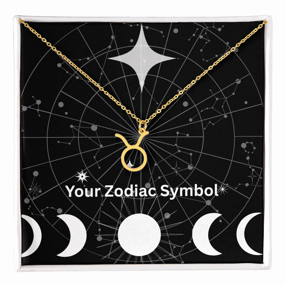 18k gold zodiac symbol necklace on adjustable chain with celestial background in gift box