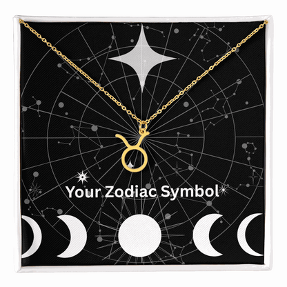 18k gold zodiac symbol necklace on adjustable chain with celestial background in gift box