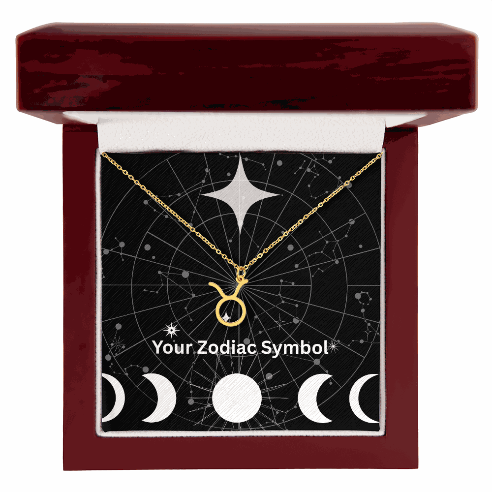 18K gold Zodiac Symbol Necklace in luxury gift box with astrological design background