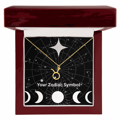 18K gold Zodiac Symbol Necklace in luxury gift box with astrological design background