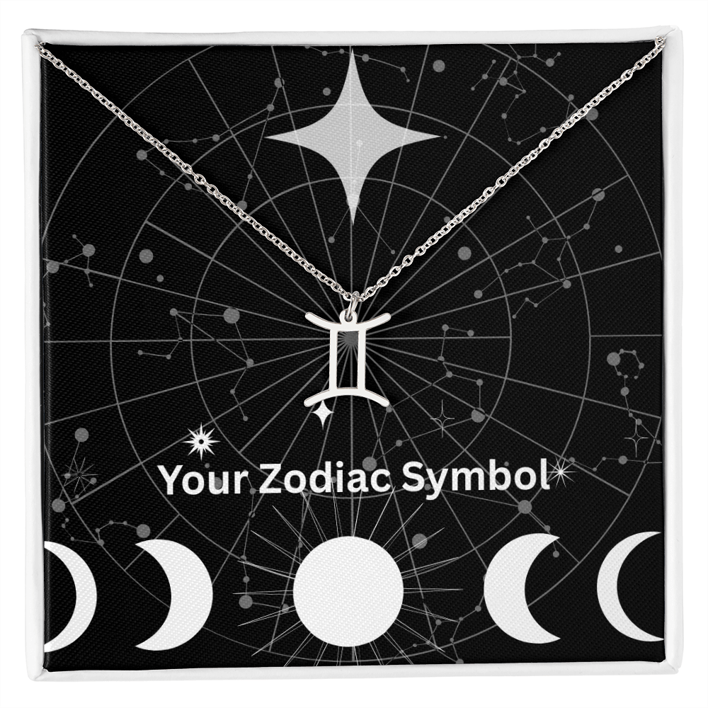 Zodiac Symbol Necklace with Gemini pendant on adjustable silver chain in gift box