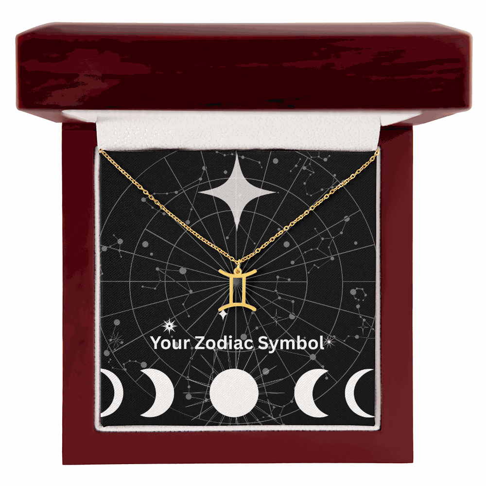 18k yellow gold Zodiac Symbol Necklace in mahogany gift box with constellation background