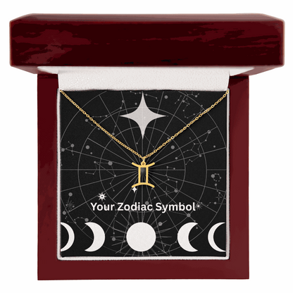 18k yellow gold Zodiac Symbol Necklace in mahogany gift box with constellation background