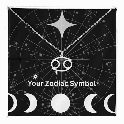 Silver zodiac symbol necklace on constellation background with adjustable chain