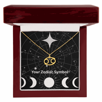 Gold zodiac symbol necklace in luxury gift box with astrological background and moon phases