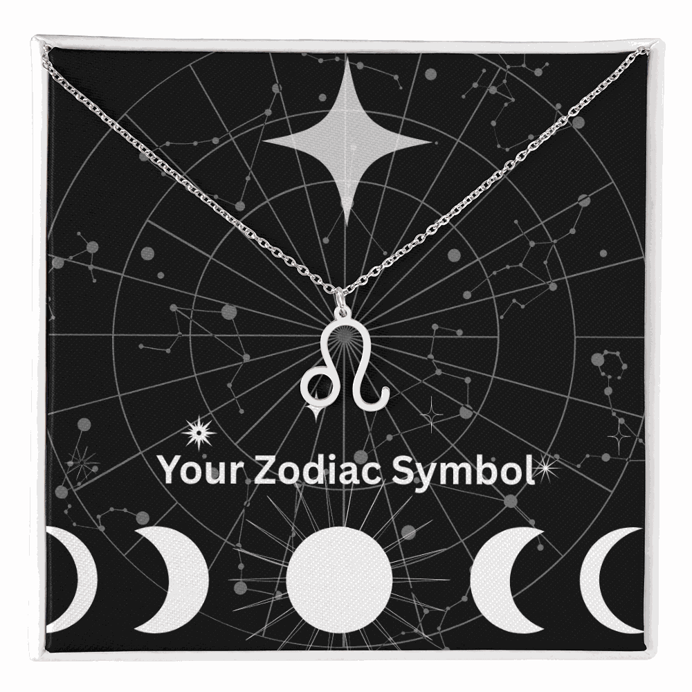 Zodiac Symbol Necklace in silver with Leo pendant on constellation background in gift box