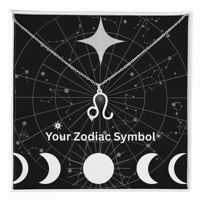 Zodiac Symbol Necklace in silver with Leo pendant on constellation background in gift box
