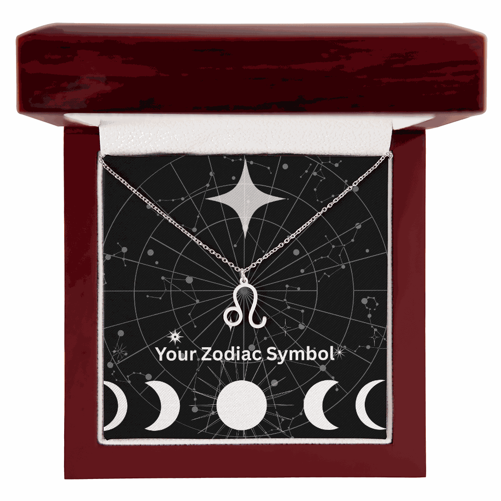 Zodiac symbol necklace with Leo pendant in luxury mahogany gift box