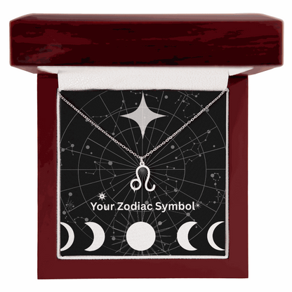 Zodiac symbol necklace with Leo pendant in luxury mahogany gift box