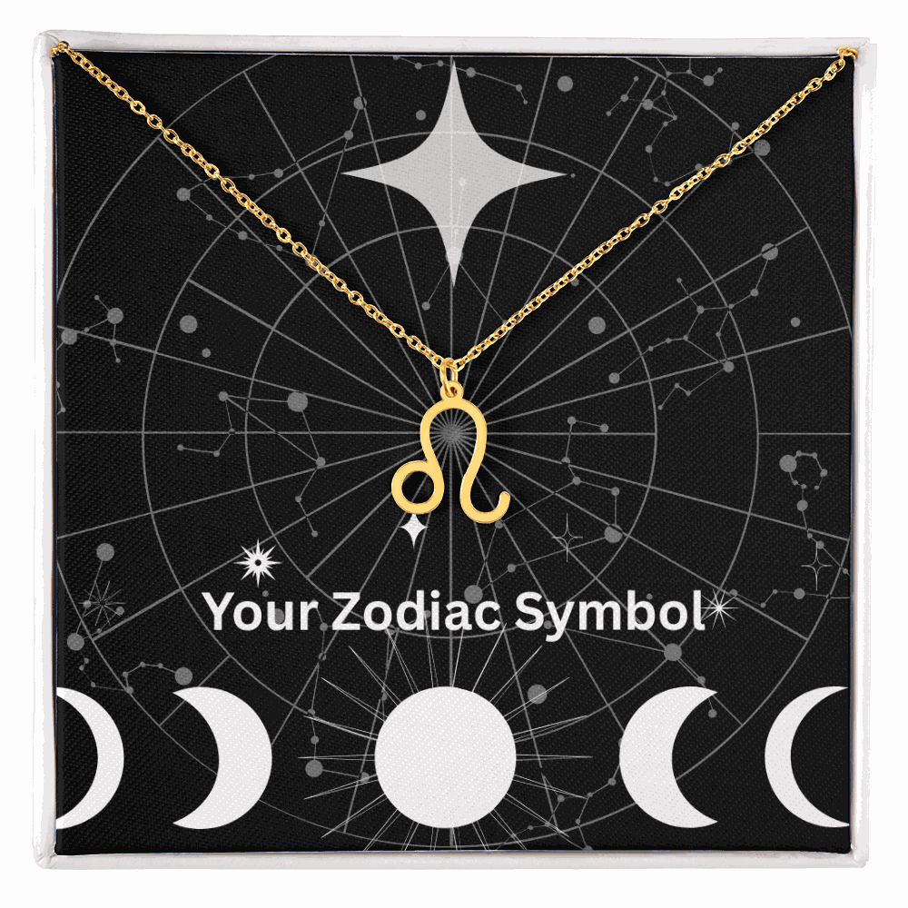 Gold Zodiac Symbol Necklace with Leo pendant on adjustable chain in gift box