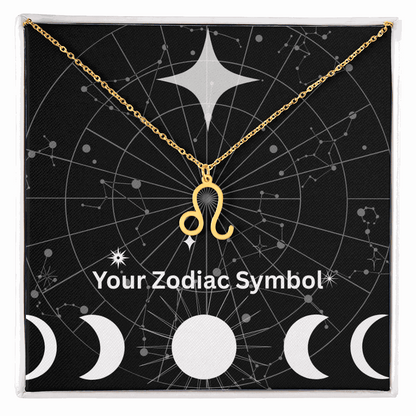 Gold Zodiac Symbol Necklace with Leo pendant on adjustable chain in gift box