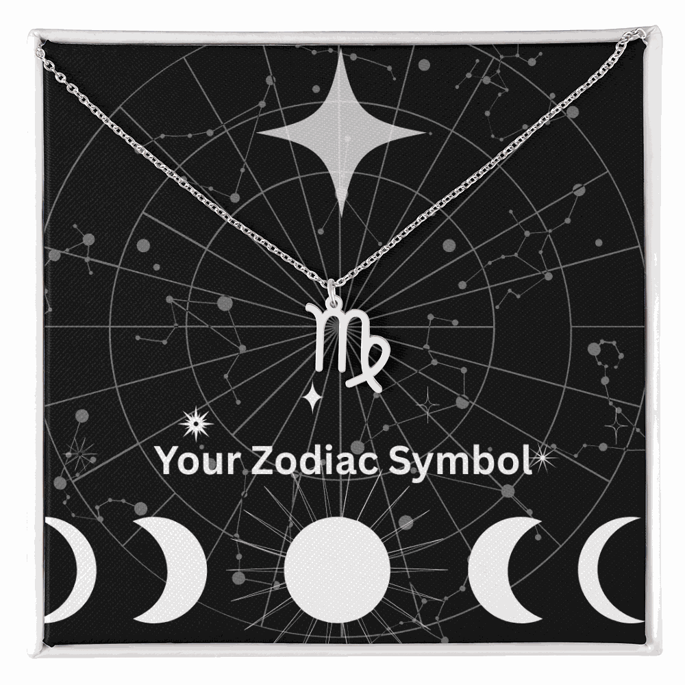Zodiac symbol necklace with adjustable chain and Virgo pendant on constellation background