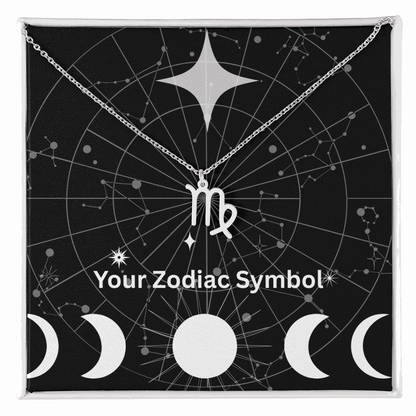 Zodiac symbol necklace with adjustable chain and Virgo pendant on constellation background