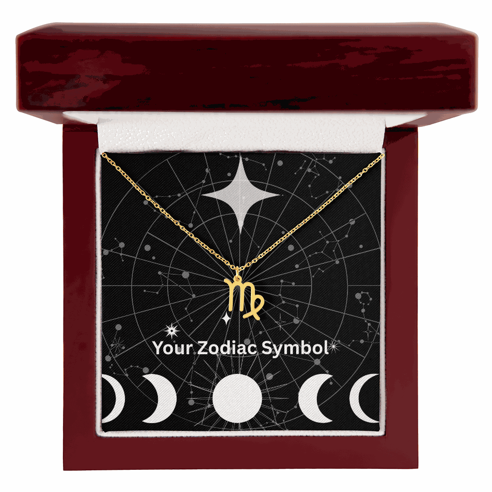 18k gold zodiac symbol necklace in luxury mahogany gift box with constellation background