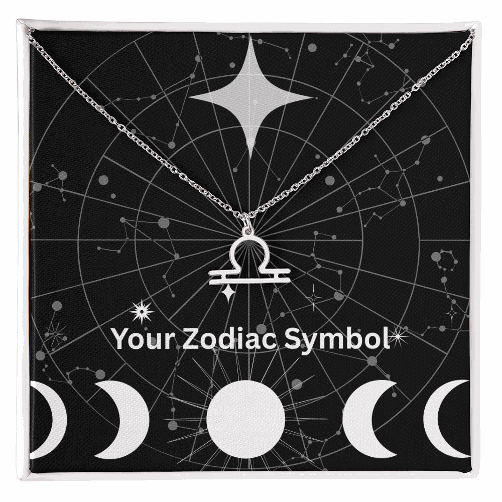 Silver Zodiac Symbol Necklace with Libra pendant on constellation background in gift box