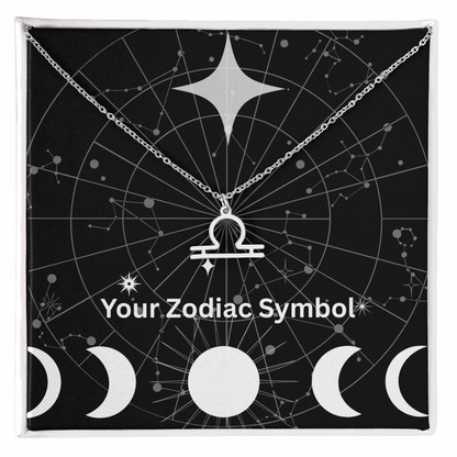 Silver Zodiac Symbol Necklace with Libra pendant on constellation background in gift box