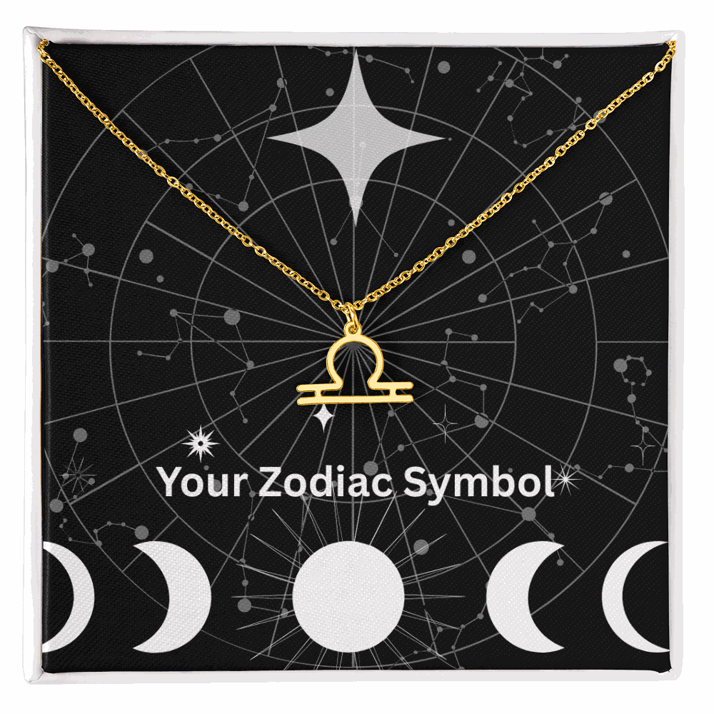18k gold Zodiac Symbol Necklace with adjustable chain and Libra pendant on constellation background
