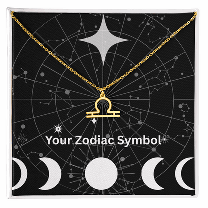 18k gold Zodiac Symbol Necklace with adjustable chain and Libra pendant on constellation background