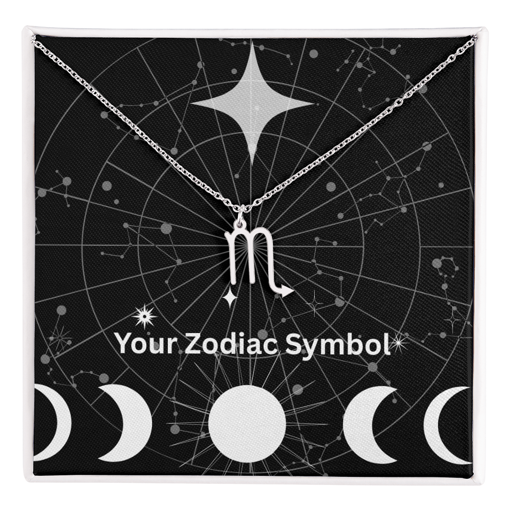 Silver Scorpio zodiac symbol necklace on adjustable chain with constellation background in gift box