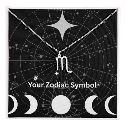 Silver Scorpio zodiac symbol necklace on adjustable chain with constellation background in gift box
