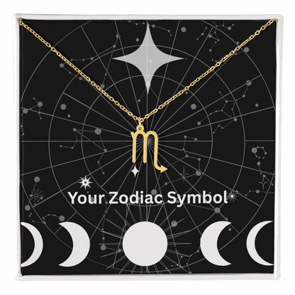 Gold zodiac symbol necklace with scorpio pendant on a black constellation background in gift box