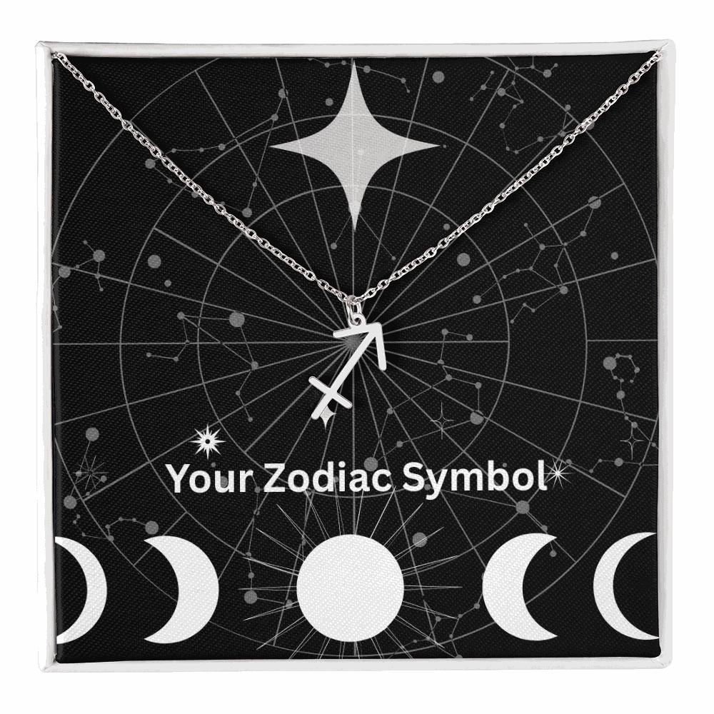 Silver Zodiac Symbol Necklace with Sagittarius pendant on constellation background in gift box