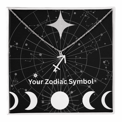 Silver Zodiac Symbol Necklace with Sagittarius pendant on constellation background in gift box