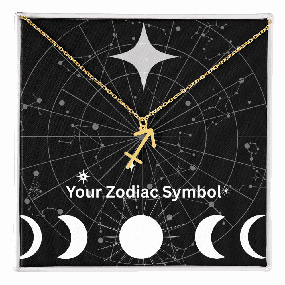 18k yellow gold Zodiac Symbol Necklace with Sagittarius pendant on adjustable chain in starry constellation box