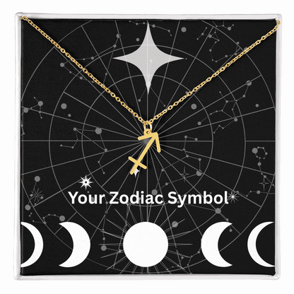 18k yellow gold Zodiac Symbol Necklace with Sagittarius pendant on adjustable chain in starry constellation box