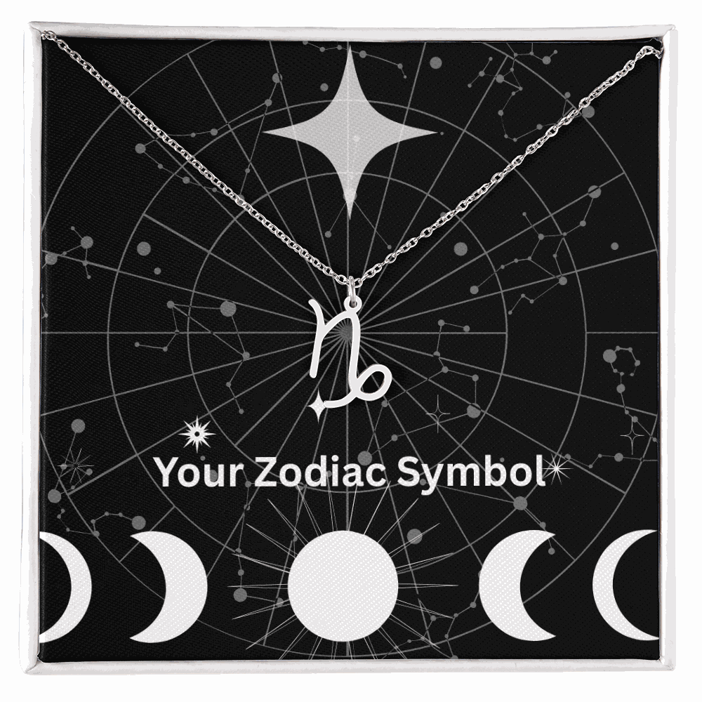 Zodiac symbol necklace in stainless steel with astrological pendant on adjustable chain in gift box