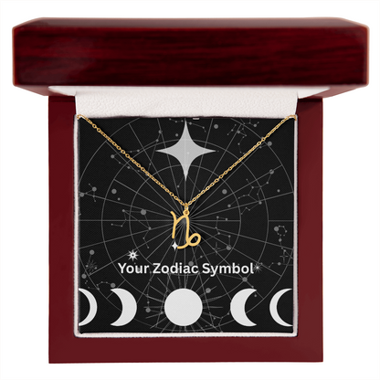 18k yellow gold Zodiac Symbol Necklace in mahogany gift box with constellation background