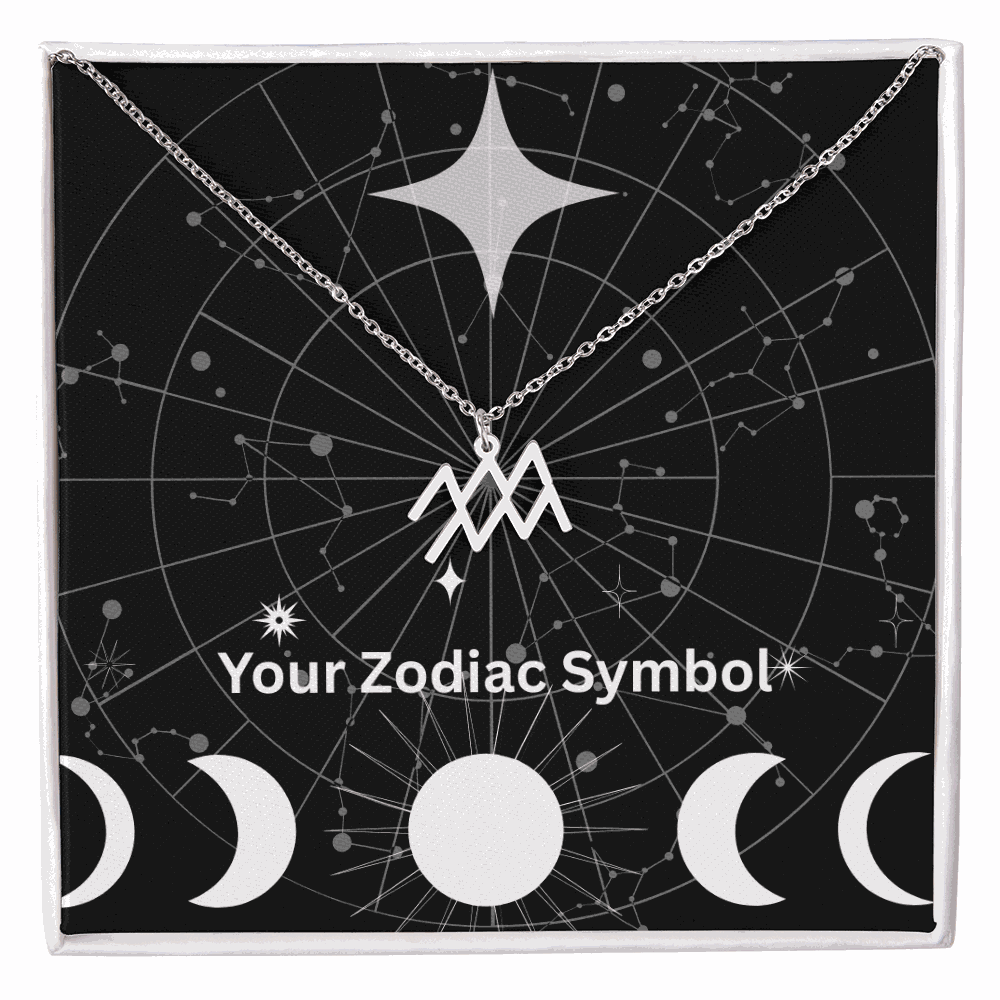 Silver zodiac symbol necklace with constellation background and adjustable chain in gift box