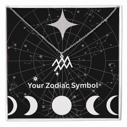 Silver zodiac symbol necklace with constellation background and adjustable chain in gift box