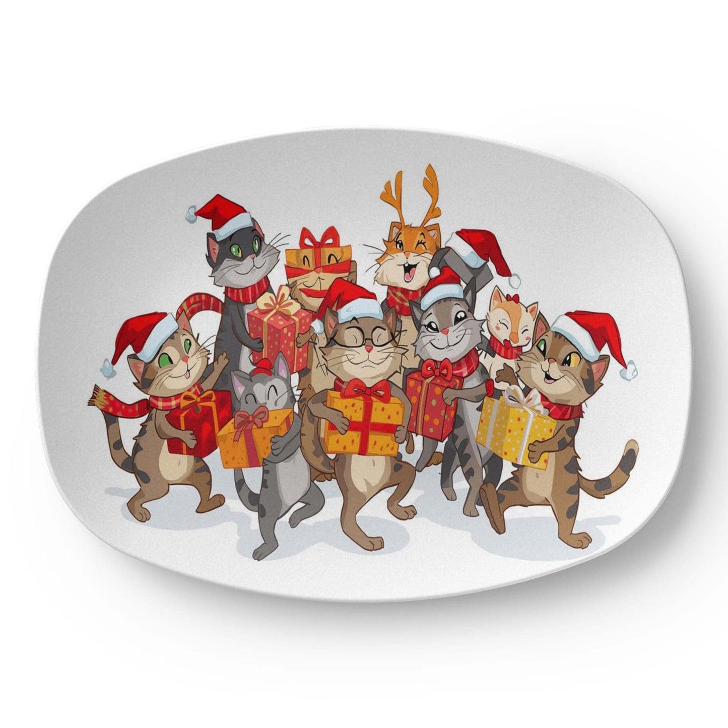 Oval Christmas platter with festive cats wearing Santa hats and holding gifts