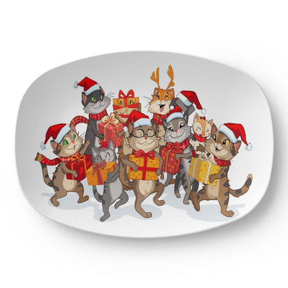 Oval Christmas platter with festive cats wearing Santa hats and holding gifts