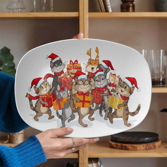Christmas platter with festive cats wearing Santa hats carrying gifts, microwave and dishwasher safe serving dish