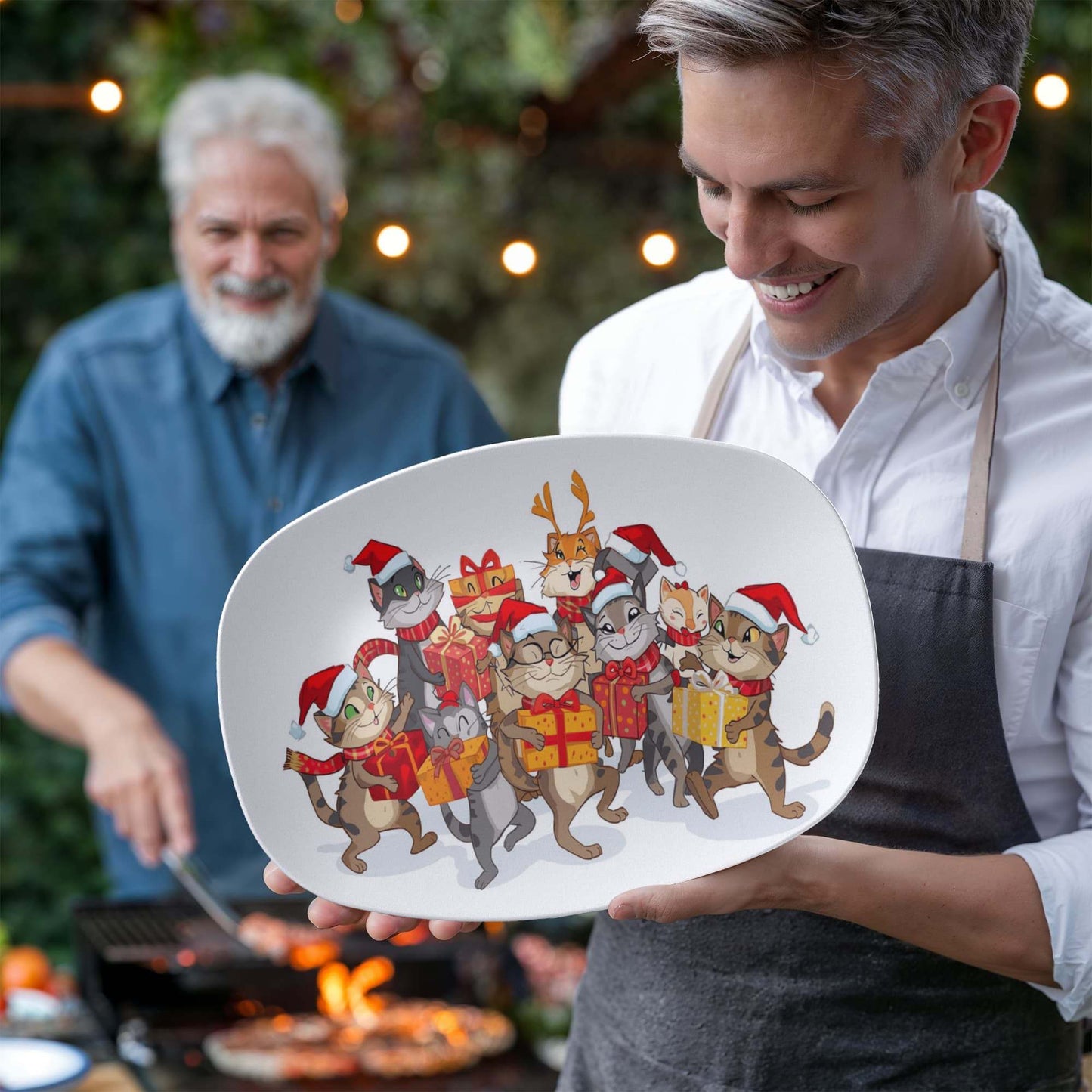 Christmas platter with festive cats wearing Santa hats and carrying gifts, 10x14 inch oval serving dish, microwave and dishwasher safe