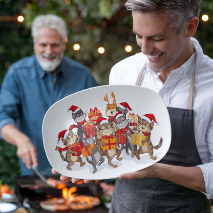 Christmas platter with festive cats wearing Santa hats and carrying gifts, 10x14 inch oval serving dish, microwave and dishwasher safe
