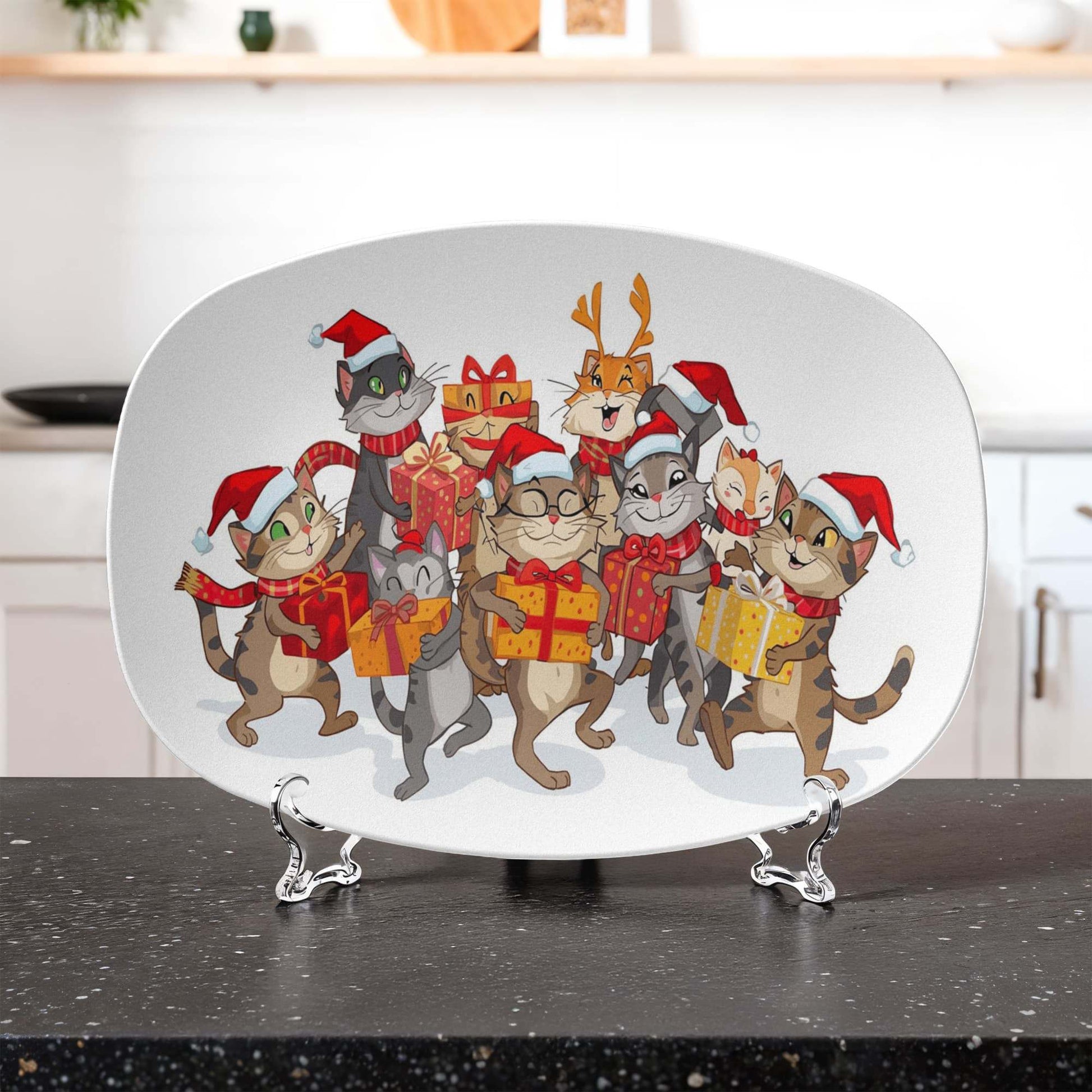 10x14 inch Christmas platter featuring festive cats wearing Santa hats and holding gift boxes, microwave and dishwasher safe