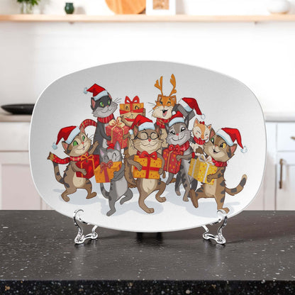 10x14 inch Christmas platter featuring festive cats wearing Santa hats and holding gift boxes, microwave and dishwasher safe