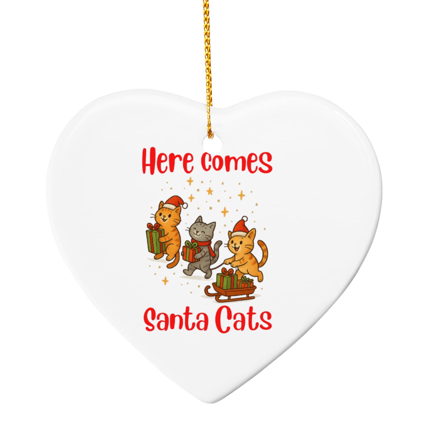 Here Comes Santa Cats Ceramic Heart Ornament With Gold Cord