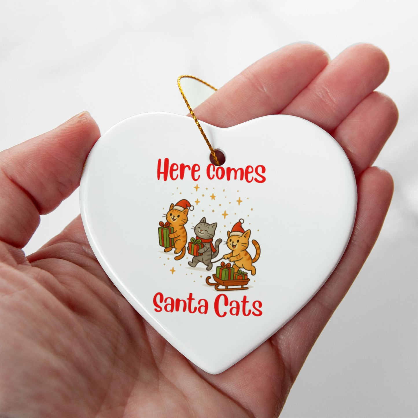 Here Comes Santa Cats Ceramic Heart Ornament With Gold Cord